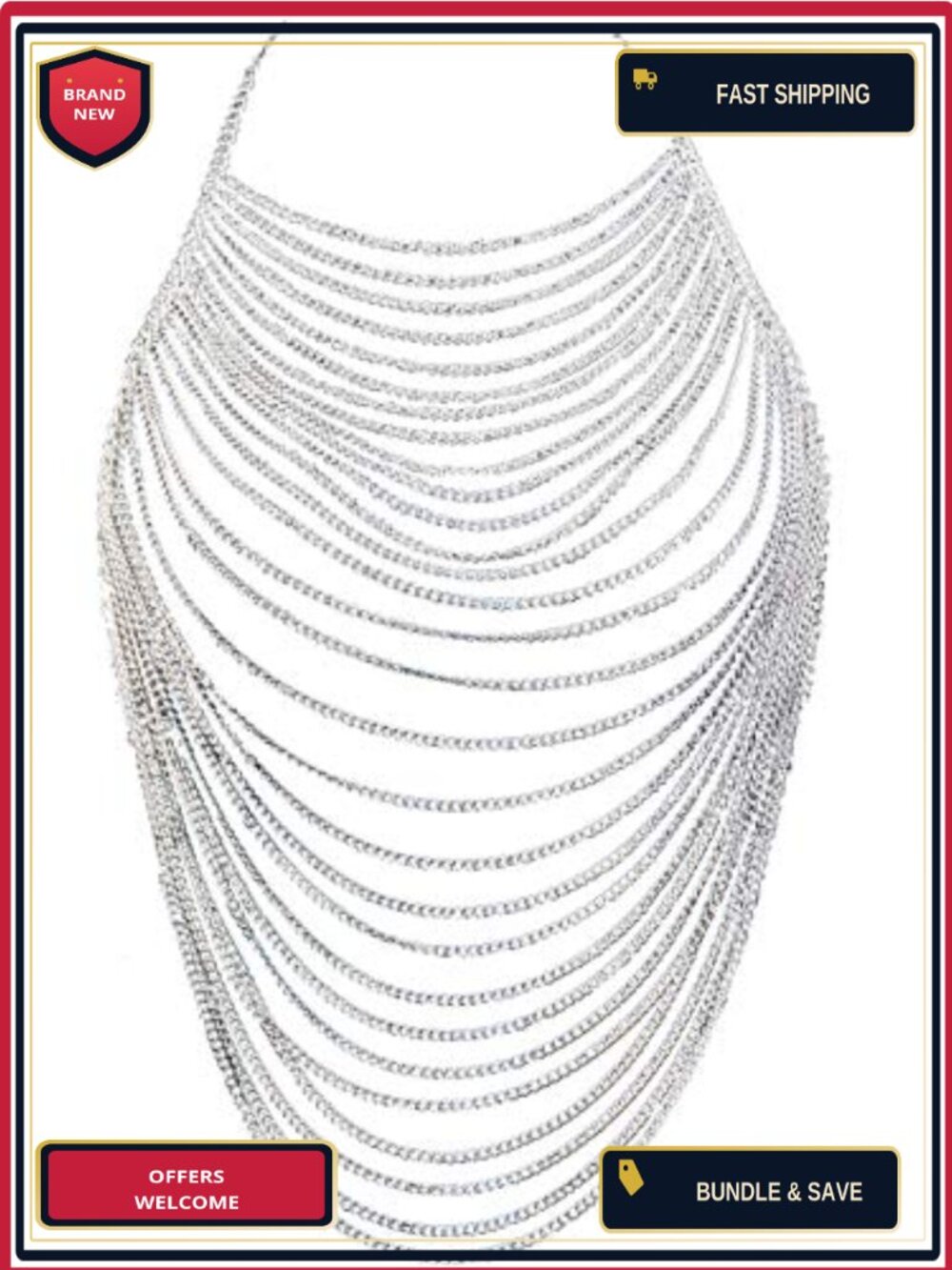 Multi-Layer Body Chain Necklace Silver Plated Cuban Link Halter Jewelry